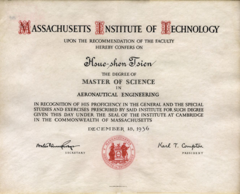 The Master of Science degree awarded to Qian Xuesen upon his graduation from MIT