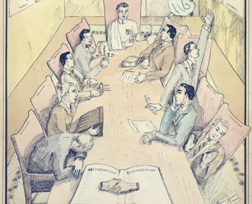 “Happy Birthday, 1940, Lilian & Frank.” Drawing depicts von Karman, Stewart, Rannie, Tsien, Biot, Malina, Sears, Bollay, Lombard, and Pipo. Caltech Archives From the Theodore von Karman Papers, box 187.