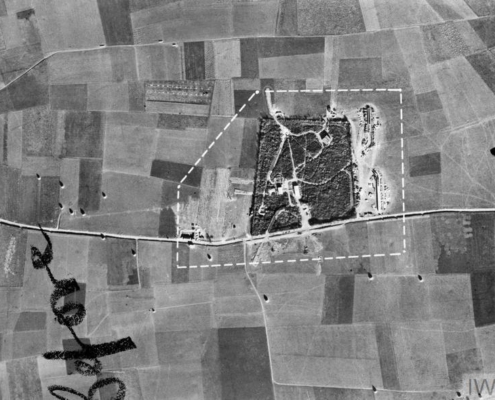V1 FLYING BOMB (C 4423) Annotated aerial reconnaissance view of the V1 'ski' launching site under construction at Bois Carre, near Yvrench in Northern France. This photograph confirmed intelligence reports that flying bomb sites were being constructed in the Pas-de-Calais area. Copyright: © IWM.