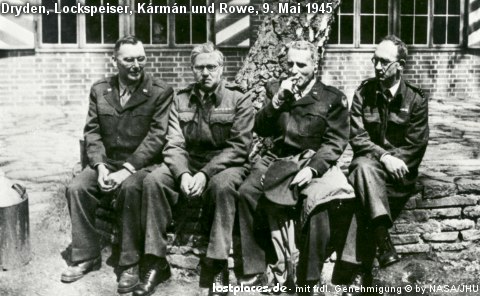 Dryden et von karman à Luftfahrtforschungsanstalt Hermann Goering mai 1945 (source : https://opevneni.blogspot.com/2014/02/mittelwerk-dora-nordhausen.html)