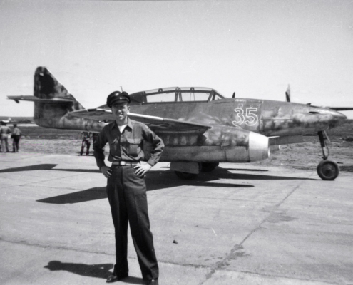 An unknown US serviceman posing in front of Me262B-1a WNr.11063 soon after its arrival at Melun Villaroche when the jet was known as "Vera". (image source unknown)